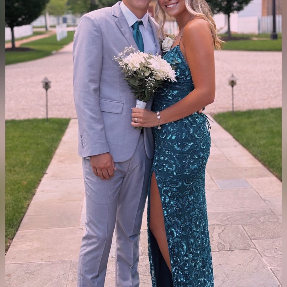 Blue Beaded Lace Backless Maxi Dress